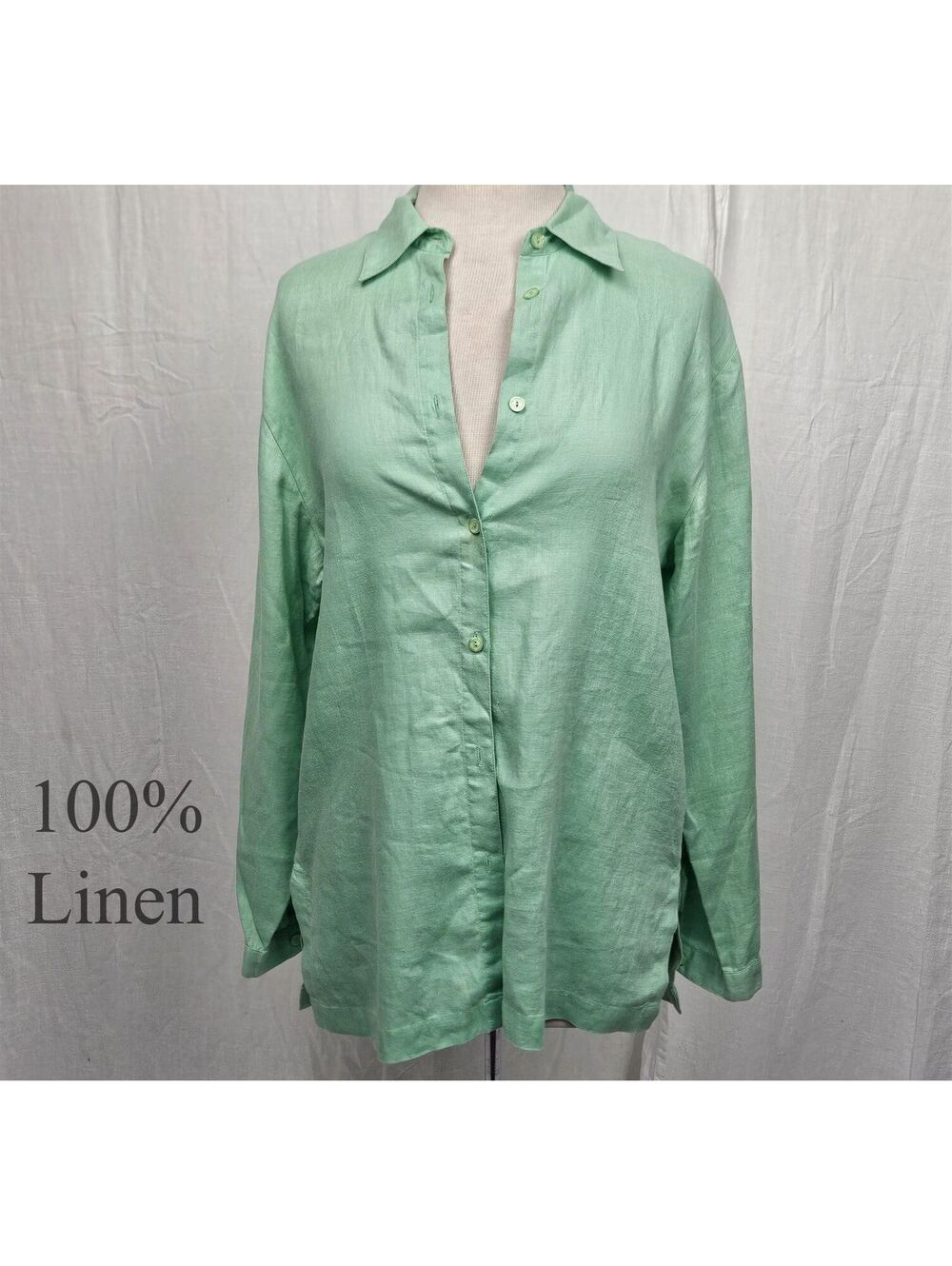 90s Vintage 100% Linen Green Button down, small, Marsh Landing